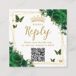 Tarjeta De Recepción Mariposas verde esmeralda Quinceanera RSVP QR Code