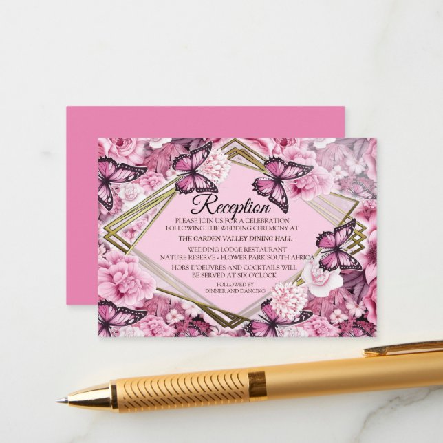 Tarjeta De Recepción Mariposas y flores en diferentes tonalidades de ro (Anverso/Reverso In Situ)