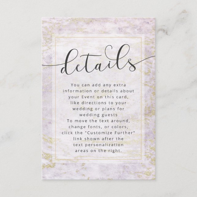 Tarjeta De Recepción Mármoles modernos en violeta con detalles de Boda  (Anverso)