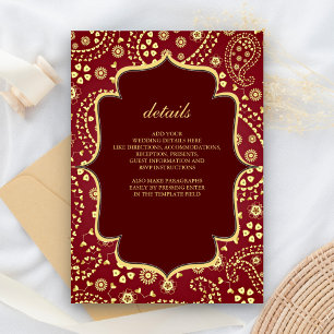 Tarjeta De Recepción Maroon Gold Paisley estilo Bollywood Boda indio
