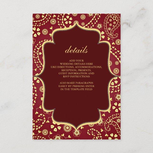 Tarjeta De Recepción Maroon Gold Paisley estilo Bollywood Boda indio (Anverso)