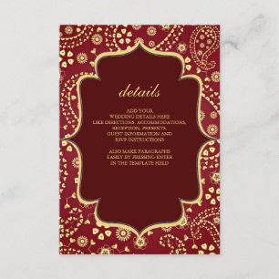 Tarjeta De Recepción Maroon Gold Paisley estilo Bollywood Boda indio