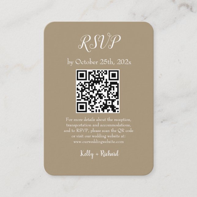 Tarjeta De Recepción Marrón de pequeña boda vertical RSVP Código QR (Anverso)