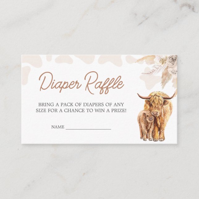 Tarjeta De Recepción Marrón Highland Cow Baby Shower Diaper Raffle (Anverso)