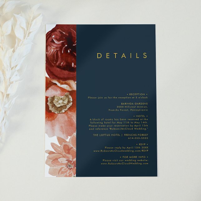Tarjeta De Recepción Marsala Autumn Floral | Detalles de la marina (Subido por el creador)