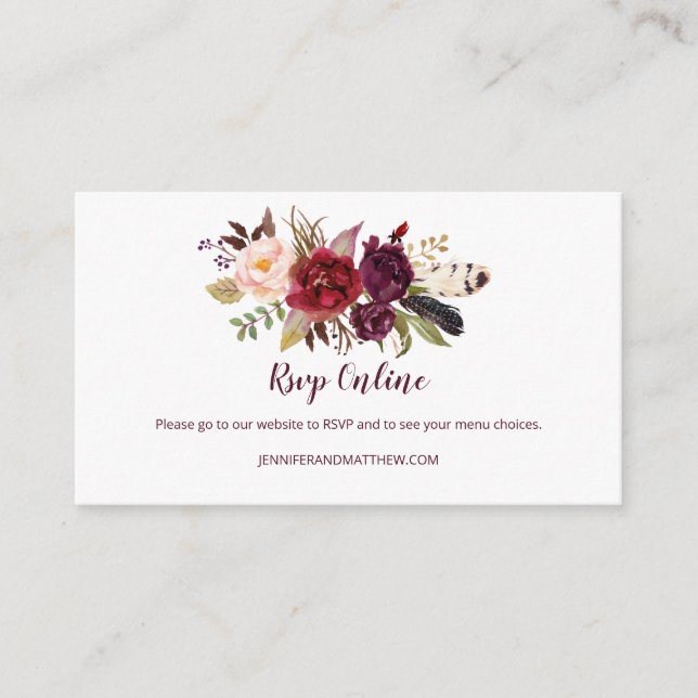 Tarjeta De Recepción Marsala Boho Fethers Floral RSVP Online | (Anverso)