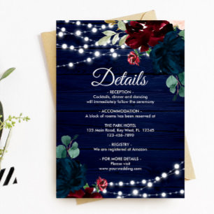 Tarjeta De Recepción Marsala & Navy Flores detalles de madera rústica