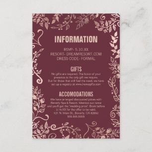 Tarjeta De Recepción Marsala Red Rose Gold Floral Information