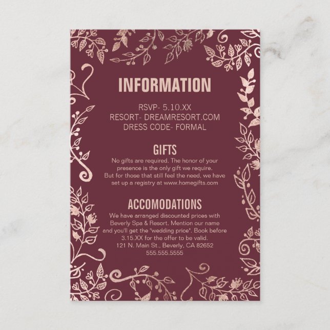 Tarjeta De Recepción Marsala Red Rose Gold Floral Information (Anverso)