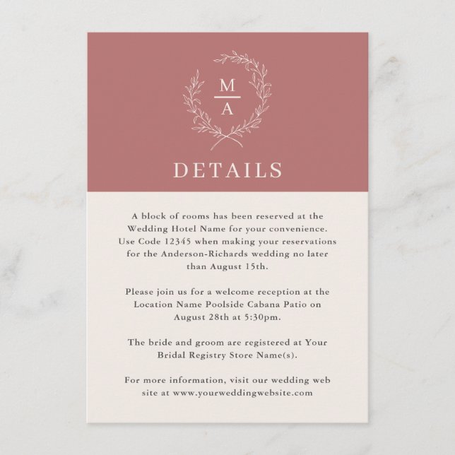 Tarjeta De Recepción Marsala Wine Detalles de Monograma Simple Elegante (Anverso)