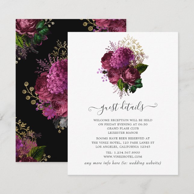 Tarjeta De Recepción Marsala y detalles del Boda floral de oro (Anverso / Reverso)