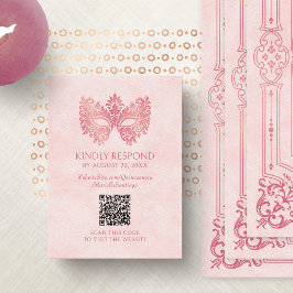 Tarjeta De Recepción Máscara de mascarada rosa Quinceanera QR RSVP