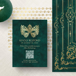 Tarjeta De Recepción Máscara de Mascarada Verde Quinceanera QR RSVP
