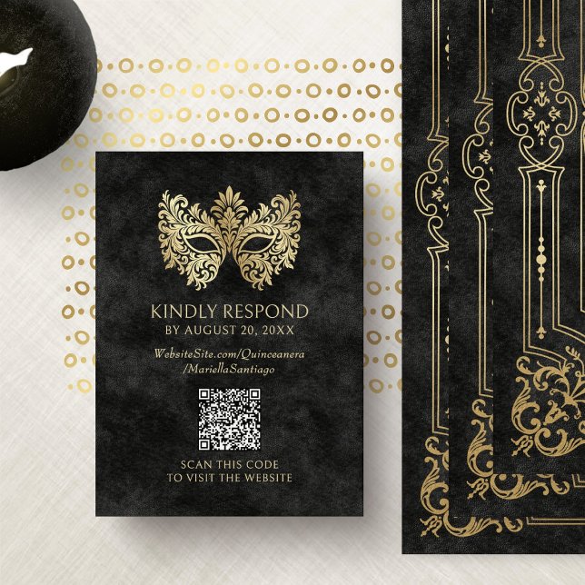 Tarjeta De Recepción Máscara negra de mascarada Quinceanera QR RSVP (Subido por el creador)