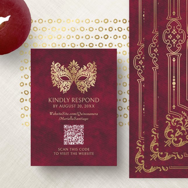 Tarjeta De Recepción Mascarada roja Quinceanera QR RSVP (Subido por el creador)