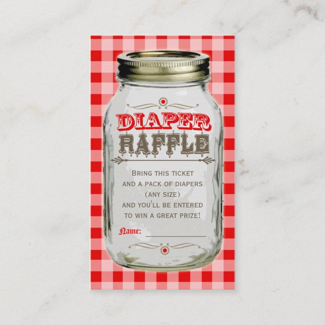 Tarjeta De Recepción Mason Jar Baby Red Gingham Diaper Raffle (Anverso)