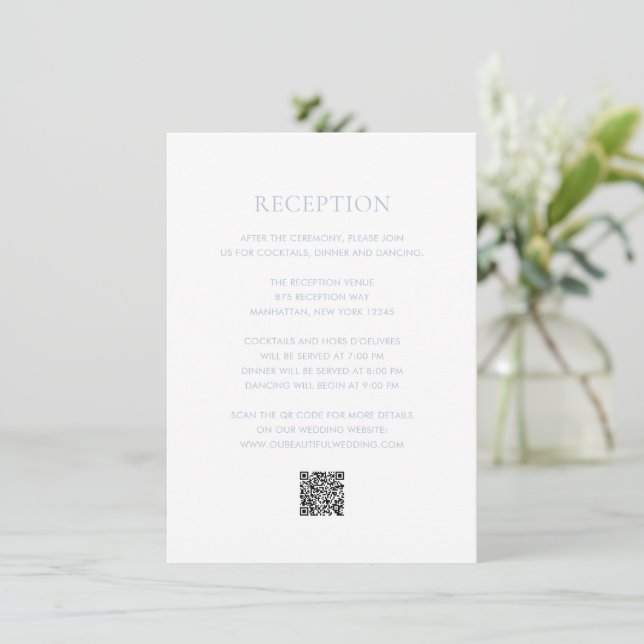 Tarjeta De Recepción Matrimonio elegante de código QR azul limpio (Anverso de pie)