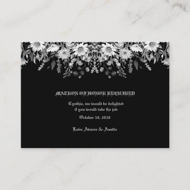 Tarjeta De Recepción Matrón de honor, Boda floral blanco negro (Anverso)