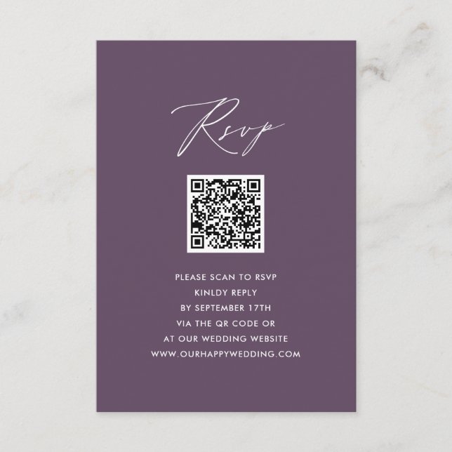 Tarjeta De Recepción Mauve Elegant Script Minimalista QR Wedding RSVP (Anverso)