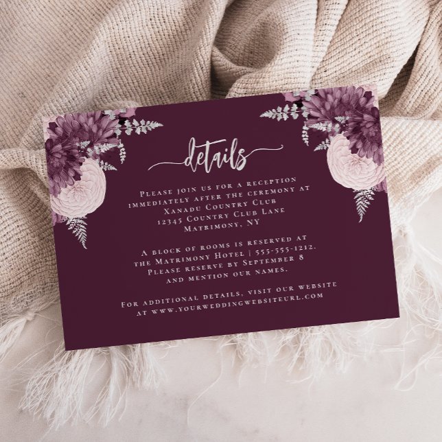 Tarjeta De Recepción Mauve Silver Floral Wedding Details (Subido por el creador)