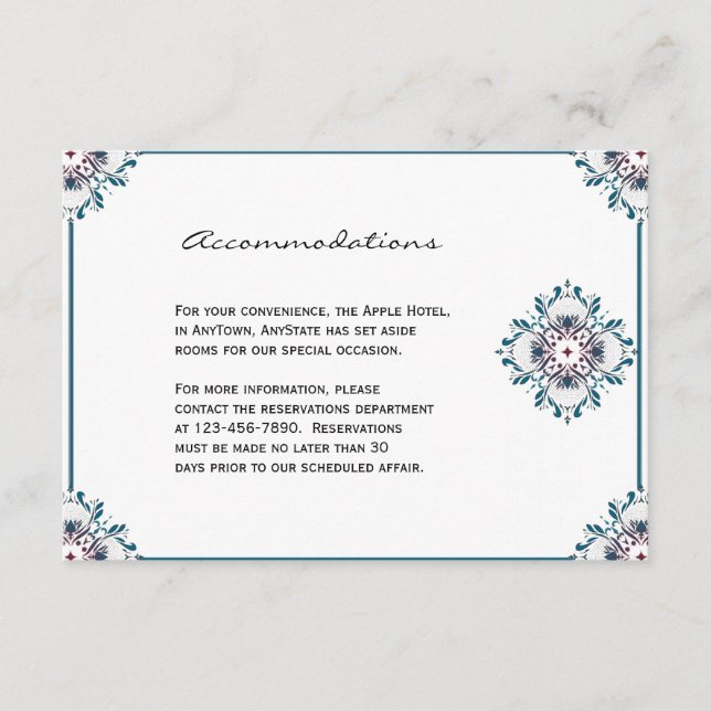 Tarjeta De Recepción Medallón floral en inserción de Boda Verde azulado (Anverso)