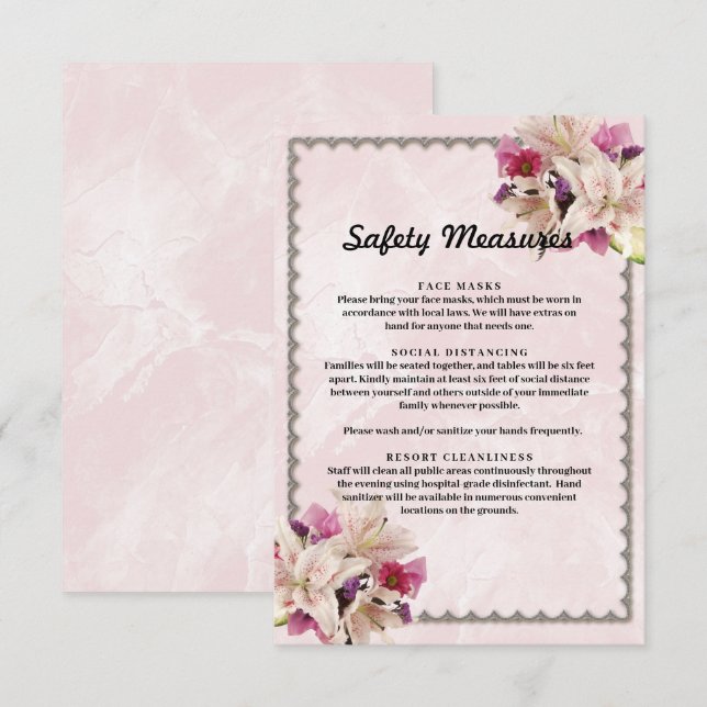 Tarjeta De Recepción Medidas de seguridad de Floral Pink Marble de Whit (Anverso / Reverso)