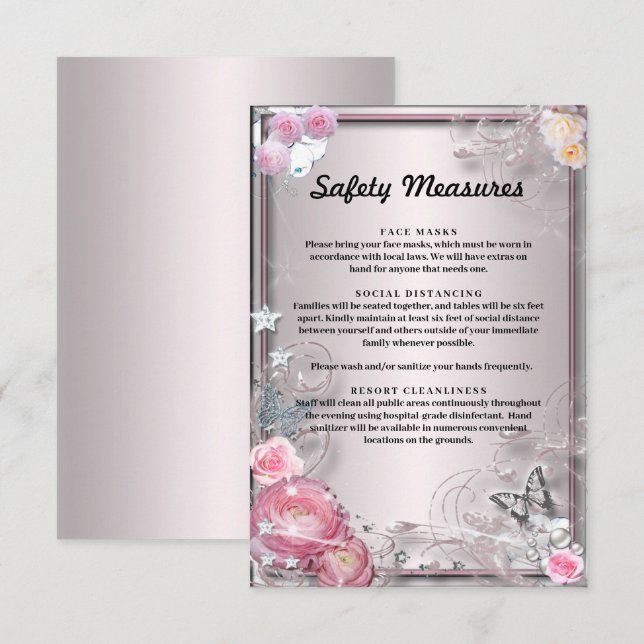 Tarjeta De Recepción Medidas De Seguridad De Flores Y Mariposa Rosadas (Anverso / Reverso)