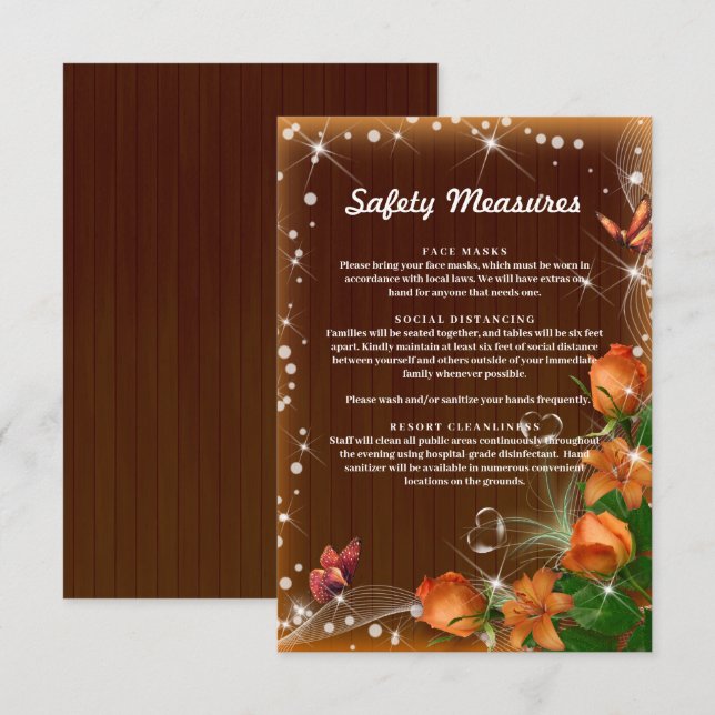 Tarjeta De Recepción Medidas de seguridad floral del Naranja de madera  (Anverso / Reverso)