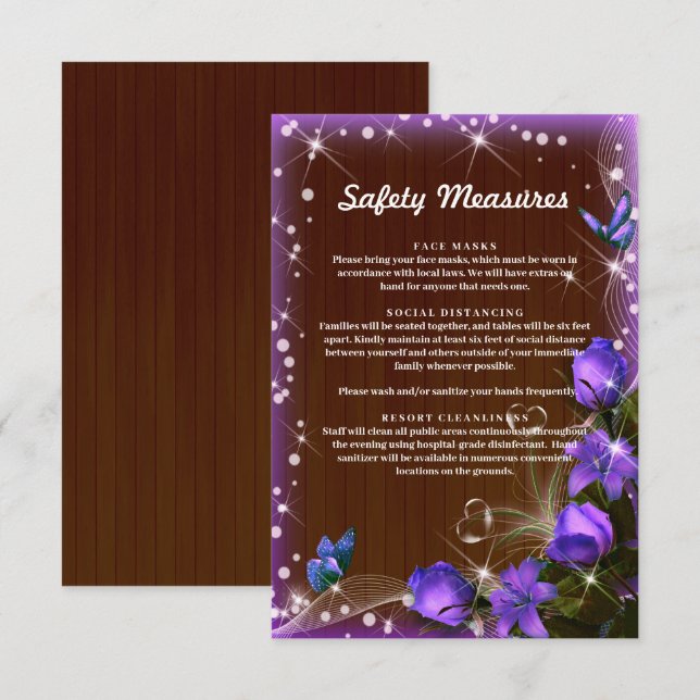 Tarjeta De Recepción Medidas de seguridad floral púrpura de madera oscu (Anverso / Reverso)