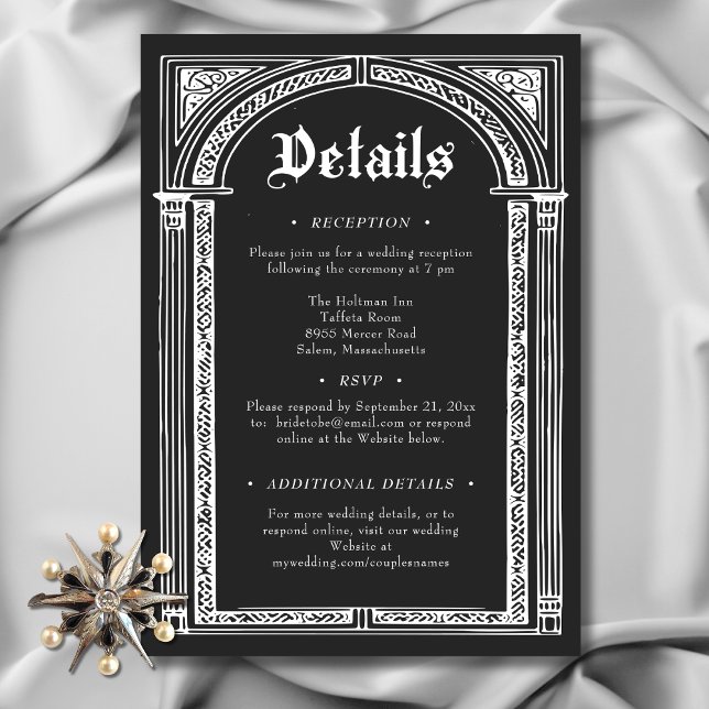 Tarjeta De Recepción Medieval gótico blanco negro hasta Boda de muerte (Gothic Black White Medieval Until Death Wedding Details Enclosure Card)