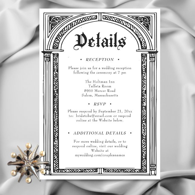 Tarjeta De Recepción Medieval gótico blanco negro hasta Boda de muerte (Gothic Black White Medieval Until Death Wedding Details Enclosure Card)