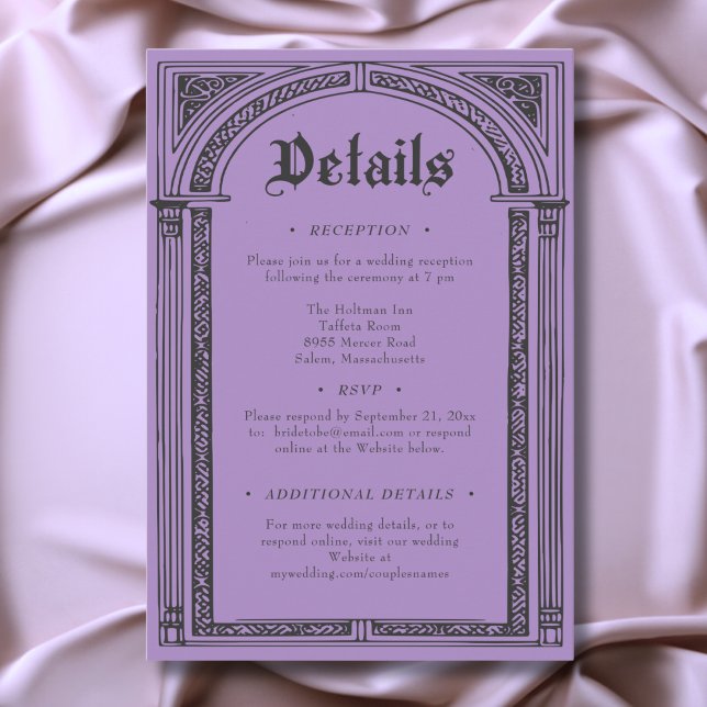 Tarjeta De Recepción Medieval gótico negro morado hasta Boda de muerte (Gothic Black Purple Medieval Until Death Wedding Enclosure Card)