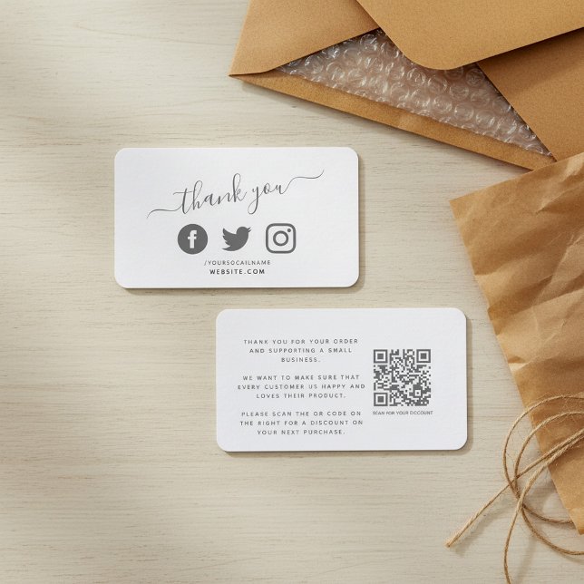 Tarjeta De Recepción Medios sociales Código QR blanco gracias a descuen (Social media QR code white thank you discount Enclosure Card)