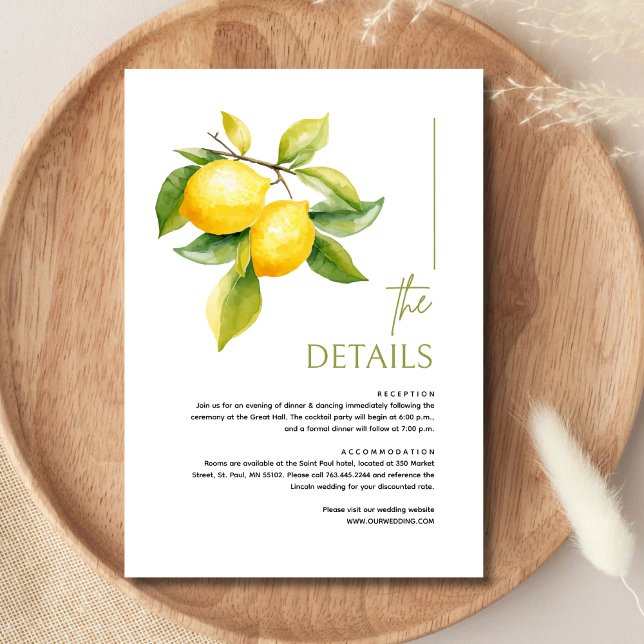 Tarjeta De Recepción Mediterranean Italy Lemon Vibrant Wedding Details (Subido por el creador)