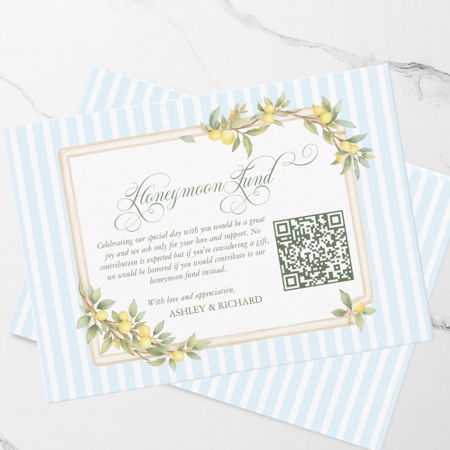 Tarjeta De Recepción Mediterranean Lemon Wedding Honeymoon Fund QR Code (elegant coastal mediterranean lemon honeymoon fund QR code wedding invitation enclosure cards)