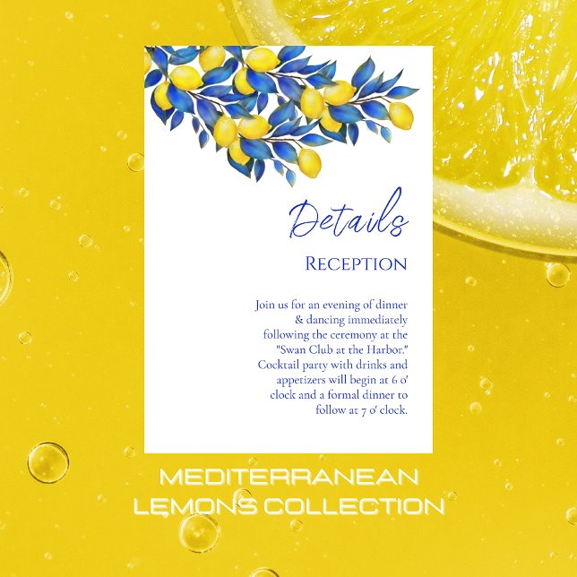 Tarjeta De Recepción Mediterráneos- Detalles Bodas-Lemones- (Mediterranean Lemons Wedding Collection-Citrus-Yellow and Blue-Italy)