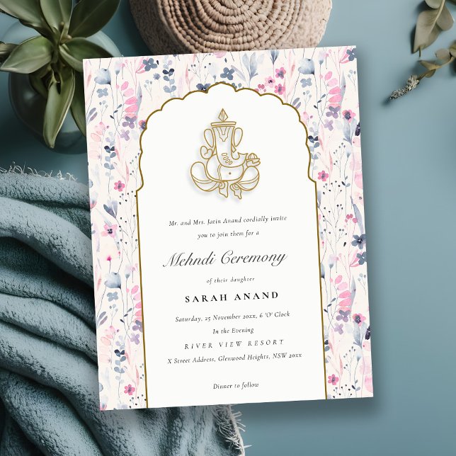 Tarjeta De Recepción Mehndi, Boda indio de Rubor Gold Floral Ganesh (Subido por el creador)