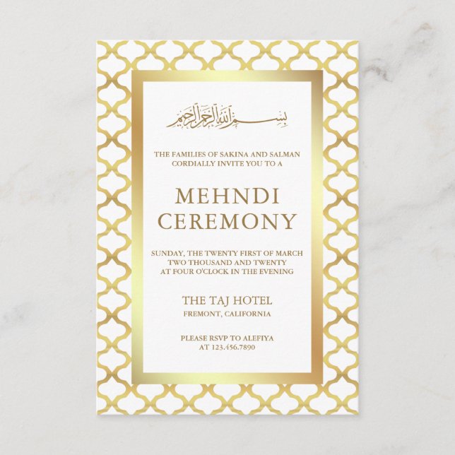 Tarjeta De Recepción Mehndi musulmán de la quatrefol marroquí blanca y  (Anverso)