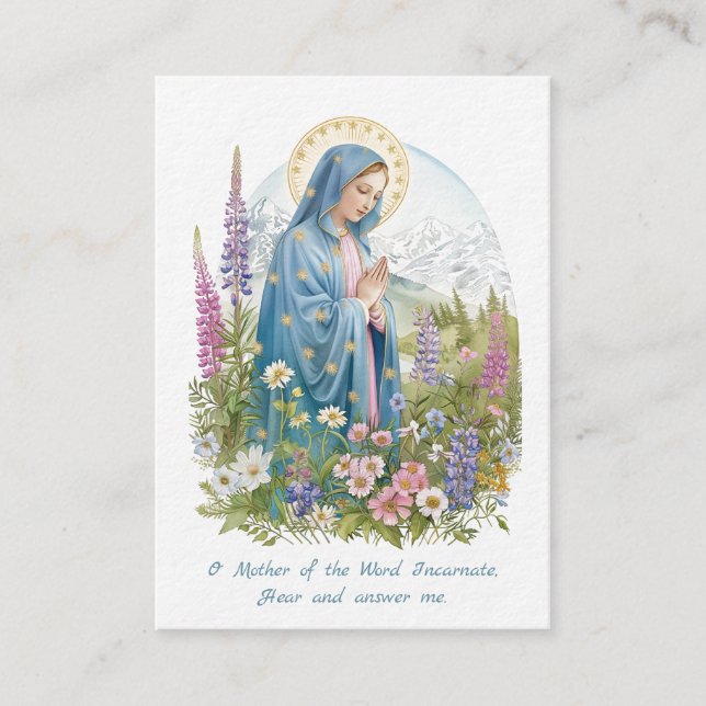 Tarjeta De Recepción Memorare Oración Madre María Nieve Fuego Alaska (Anverso)