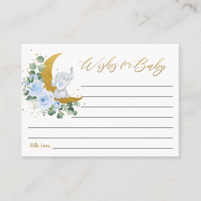 Tarjeta De Recepción Mensaje "Blue Floral Elephant Moon" para el bebé (Anverso)