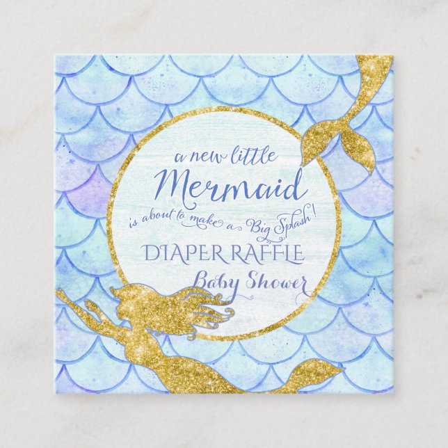 Tarjeta De Recepción Mermaid Baby Shower Diaper Raffle Gold Purpurina (Anverso)