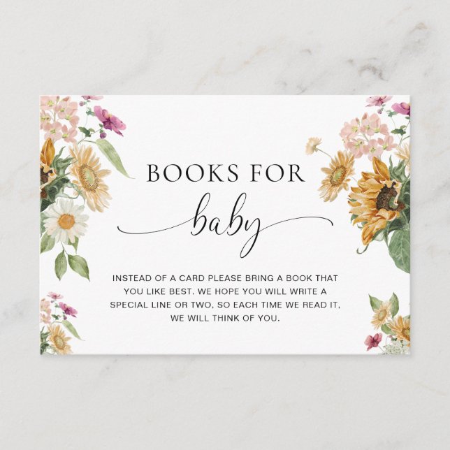 Tarjeta De Recepción Mews Sunflower Baby Shower Libros Para Pedir Bebés (Anverso)