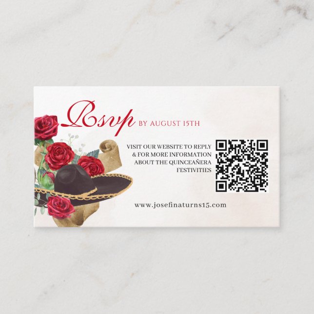 Tarjeta De Recepción Mexicana Mariachi Charra Roses Roses Quinceanera (Anverso)