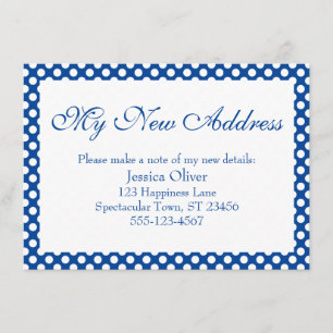 Tarjeta De Recepción Mi nueva dirección con puntos de polka azul oscuro