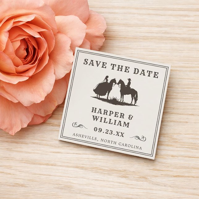 Tarjeta De Recepción Mini boda western silueta a caballo (Mini save the date cowboy wedding featuring silhouettes of a bride and groom on horseback.)