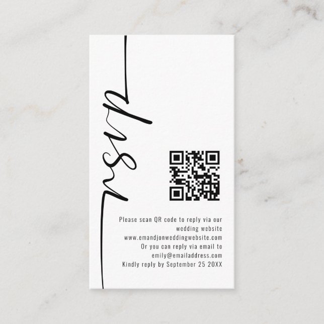 Tarjeta De Recepción Mini caligrafía elegante QR Boda de código RSVP (Anverso)