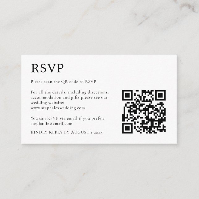 Tarjeta De Recepción MINI Código QR RSVP Simple Negro Blanco (Anverso)