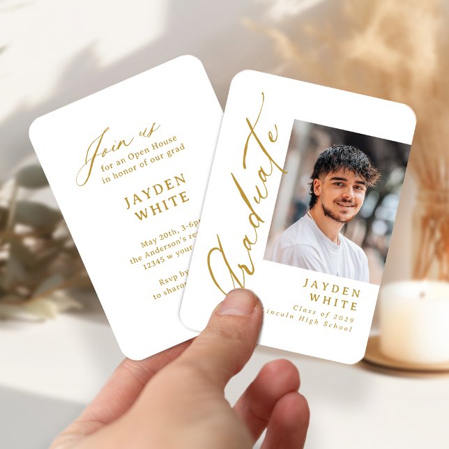 Tarjeta De Recepción Mini Gold Modern Brush Script Foto Graduación (Mini Gold Modern Brush Script Photo Graduation Enclosure Card)
