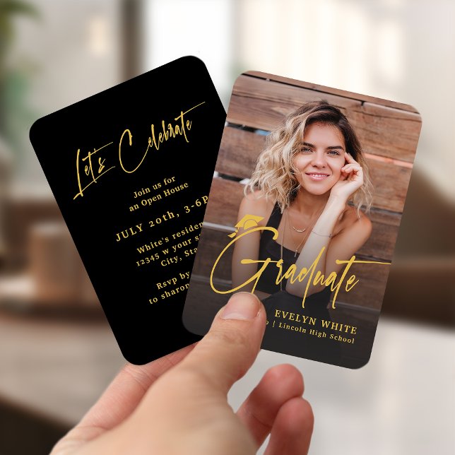 Tarjeta De Recepción Mini Grad Cap Script Photo Graduation Invite (Mini Grad Cap Script Photo Graduation Invite)