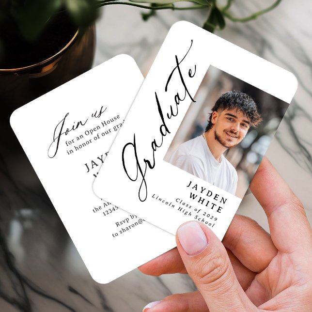 Tarjeta De Recepción Mini Modern Brush Script Photo Graduation Invite (Mini Modern Brush Script Photo Graduation Invite)
